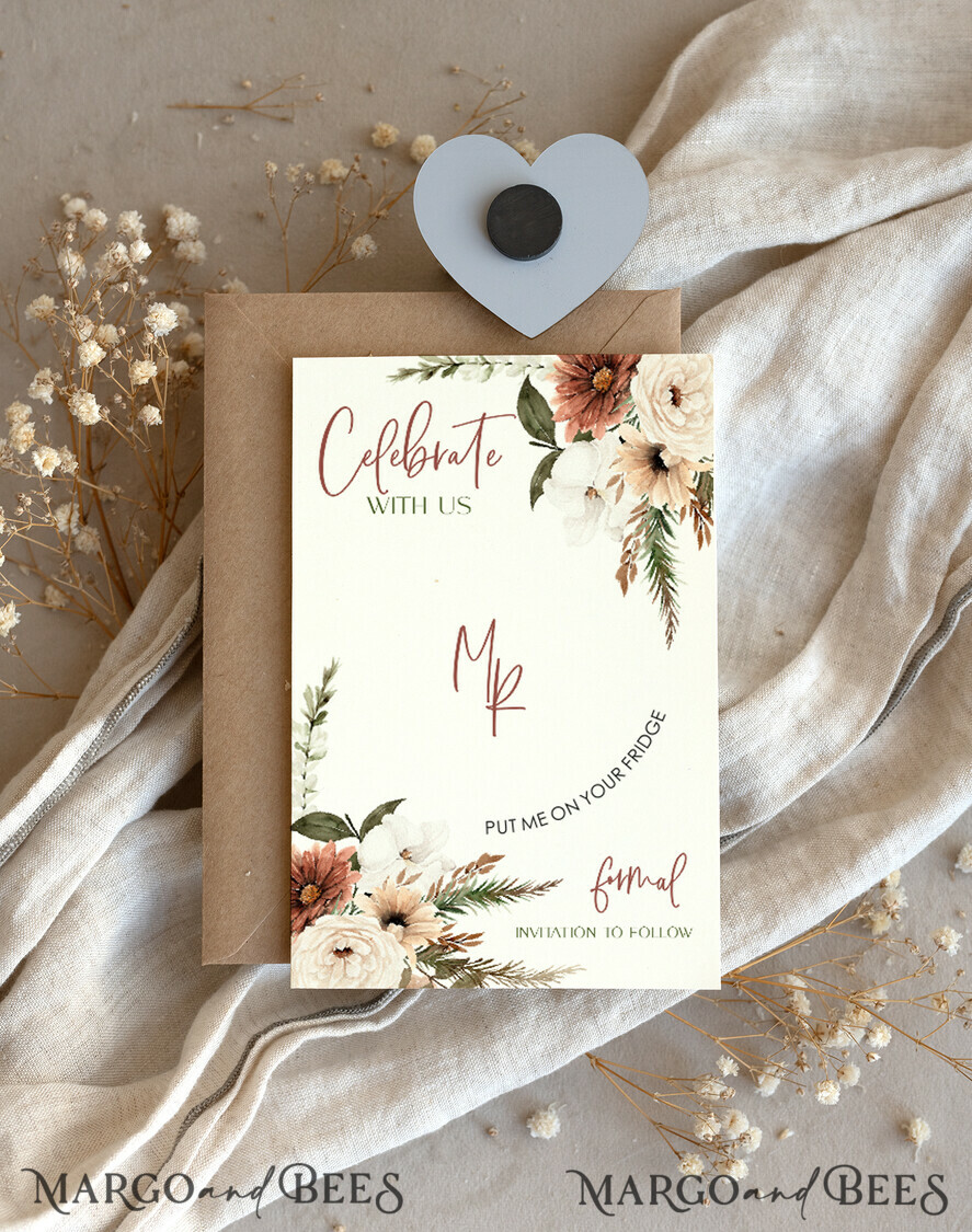 DATEN MERKEN Acrylgoldmagnete Personalisierter Gold-Acryl-Save-the-Date-Magnet und Boho-Karte, Goldene Hochzeits-Save-the-Dates-Plexi-Magnete, Hochzeits-Boho-Save-the-Date-Karten