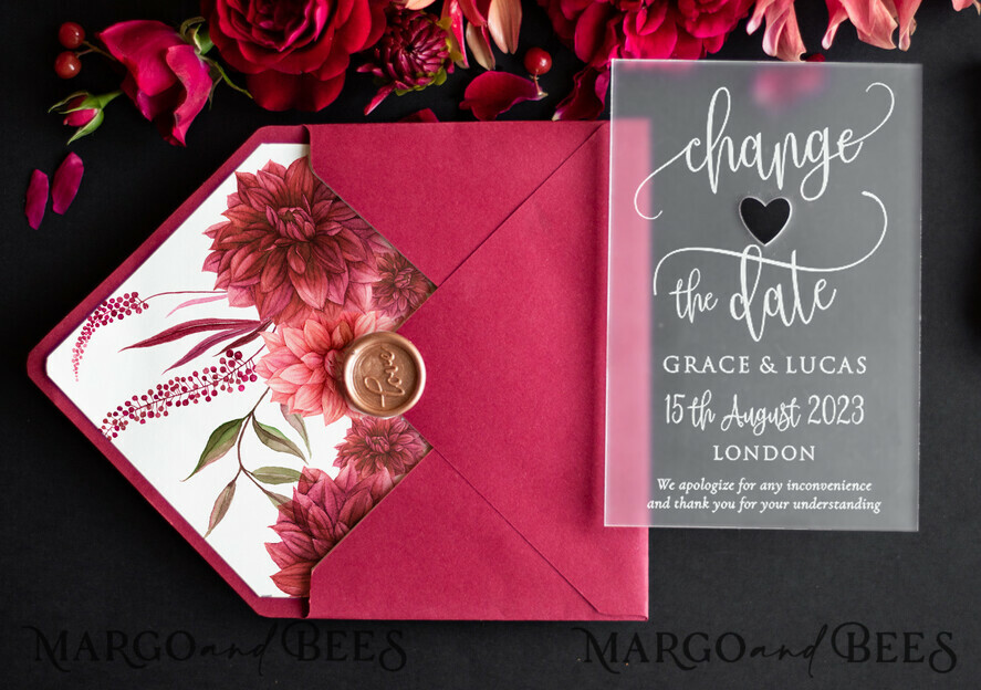 SAVE THE DATES acrylic gold magnets Luxory wedding save the date, Save the date personalized, plexi satin, maroon envelope