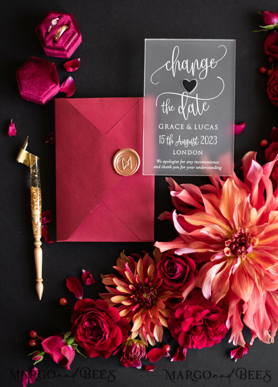 SAVE THE DATES acrylic gold magnets Luxory wedding save the date, Save the date personalized, plexi satin, maroon envelope