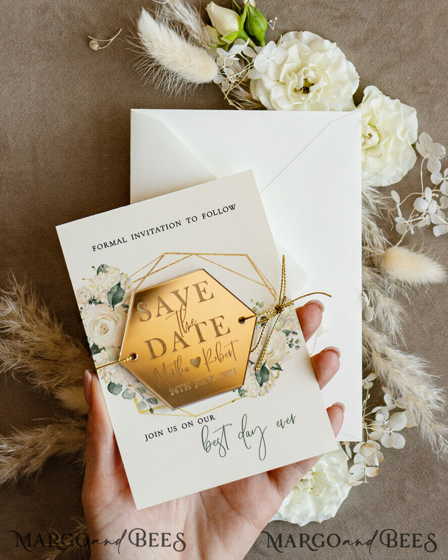 SAVE THE DATES acrylic gold magnets Gold Personalised Save the Date Hexagon Magnet and Card, Elegant Wedding Save The Dates Acrylic Golden Magnets