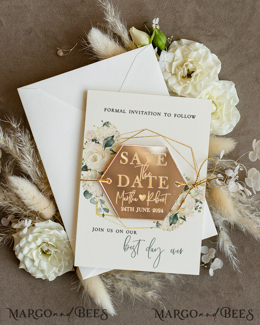 SAVE THE DATES acrylic gold magnets Gold Personalised Save the Date Hexagon Magnet and Card, Elegant Wedding Save The Dates Acrylic Golden Magnets