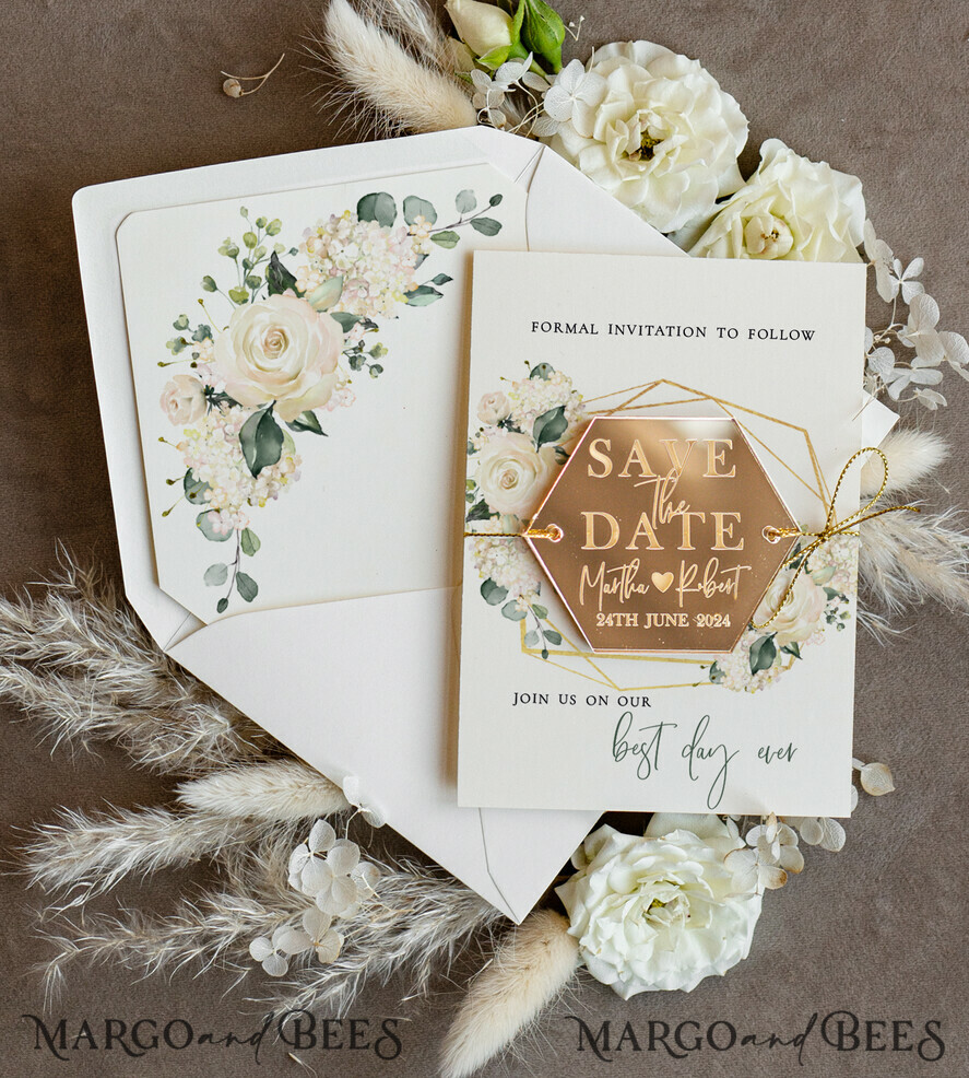 SAVE THE DATES acrylic gold magnets Gold Personalised Save the Date Hexagon Magnet and Card, Elegant Wedding Save The Dates Acrylic Golden Magnets