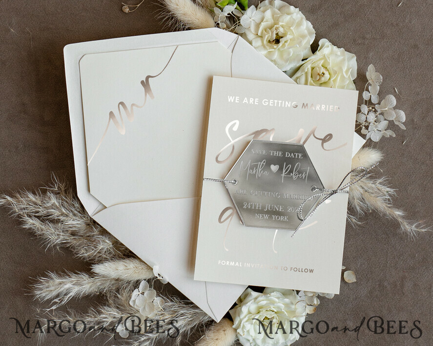 SAVE THE DATES acrylic gold magnets Luxory Silver Acrylic hexagon Save the Date Magnet and Card, Wedding Save The Dates Plexi Magnets, Wedding Boho Save The Date Cards