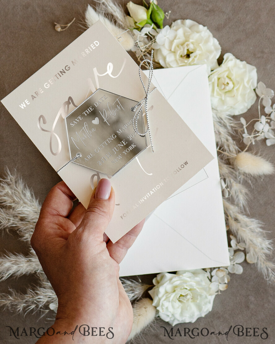 SAVE THE DATES acrylic gold magnets Luxory Silver Acrylic hexagon Save the Date Magnet and Card, Wedding Save The Dates Plexi Magnets, Wedding Boho Save The Date Cards