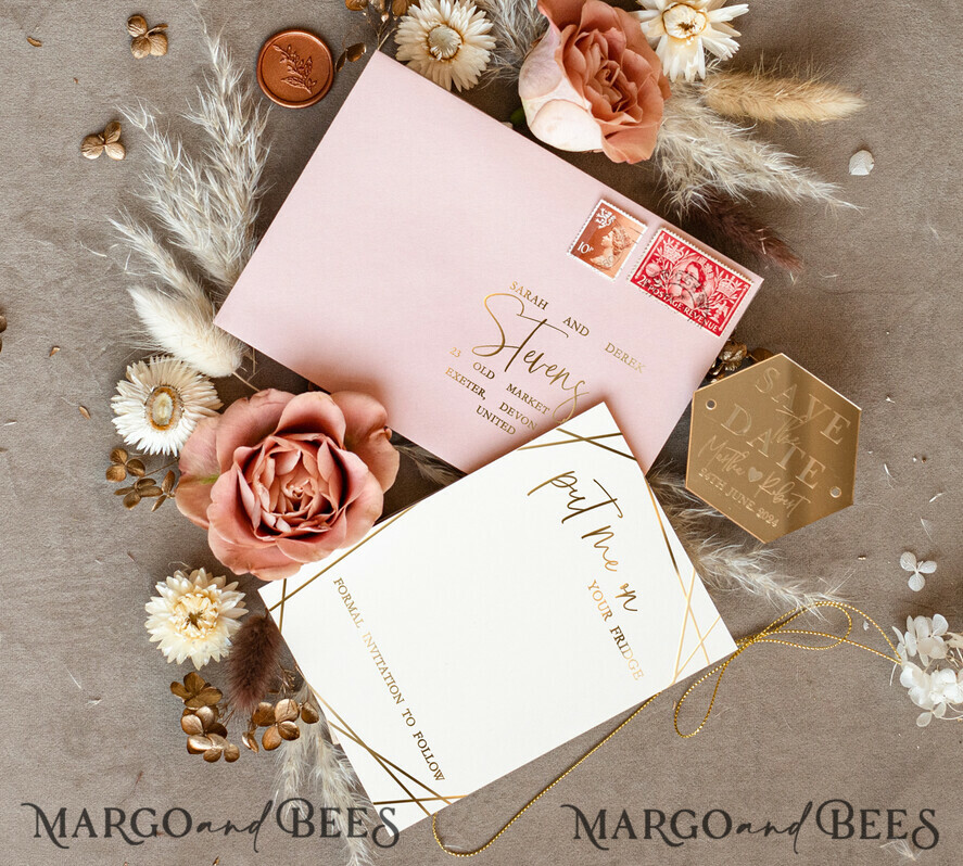 SAVE THE DATES acrylic gold magnets Personalised Save the Date Hexagon Acrylic Magnet and Card, Gold Elegant Wedding Save The Dates Acrylic Magnets, boho Save The Date Cards