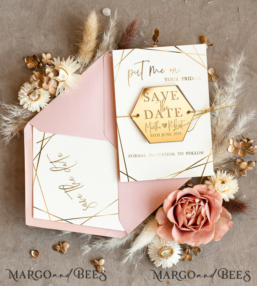 SAVE THE DATES acrylic gold magnets Personalised Save the Date Hexagon Acrylic Magnet and Card, Gold Elegant Wedding Save The Dates Acrylic Magnets, boho Save The Date Cards