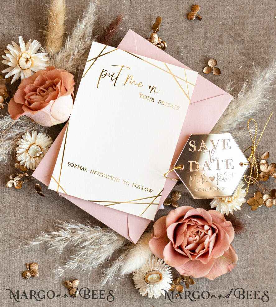 SAVE THE DATES acrylic gold magnets Personalised Save the Date Hexagon Acrylic Magnet and Card, Gold Elegant Wedding Save The Dates Acrylic Magnets, boho Save The Date Cards