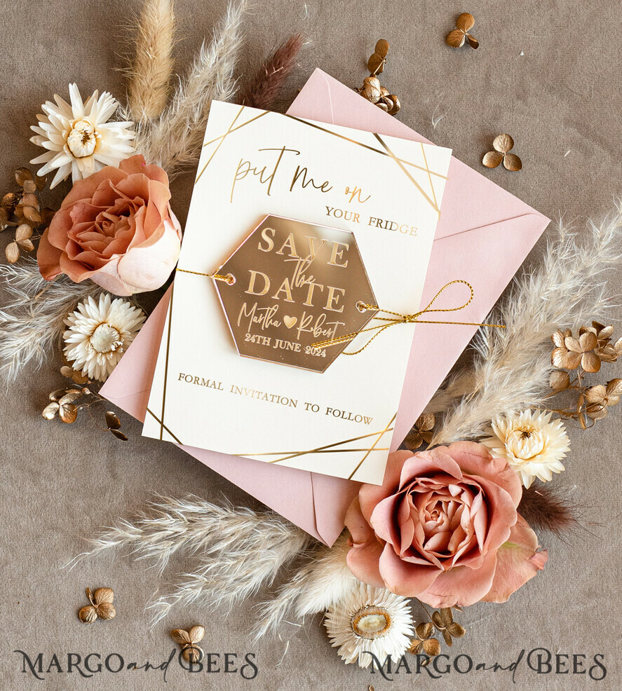 SAVE THE DATES acrylic gold magnets Personalised Save the Date Hexagon Acrylic Magnet and Card, Gold Elegant Wedding Save The Dates Acrylic Magnets, boho Save The Date Cards