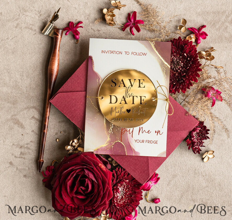 SAVE THE DATES acrylic gold magnets Personalised Maroon Save the Date circle Magnet and Card, Marble Wedding Save The Dates Acrylic golden mirror magnet