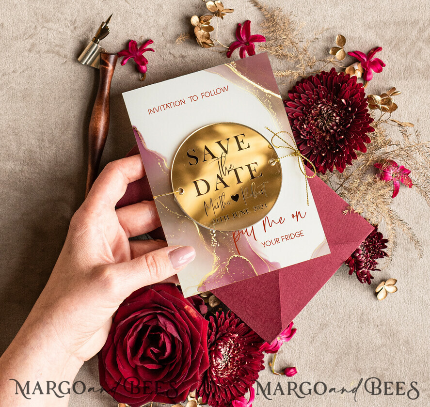 SAVE THE DATES acrylic gold magnets Personalised Maroon Save the Date circle Magnet and Card, Marble Wedding Save The Dates Acrylic golden mirror magnet