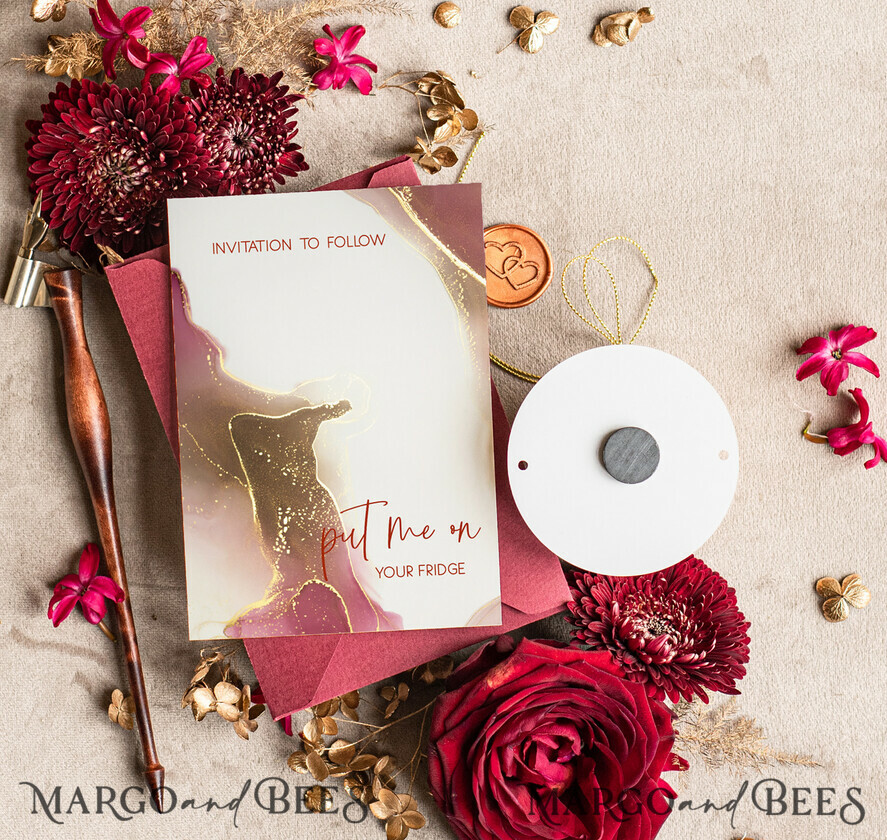 SAVE THE DATES acrylic gold magnets Personalised Maroon Save the Date circle Magnet and Card, Marble Wedding Save The Dates Acrylic golden mirror magnet