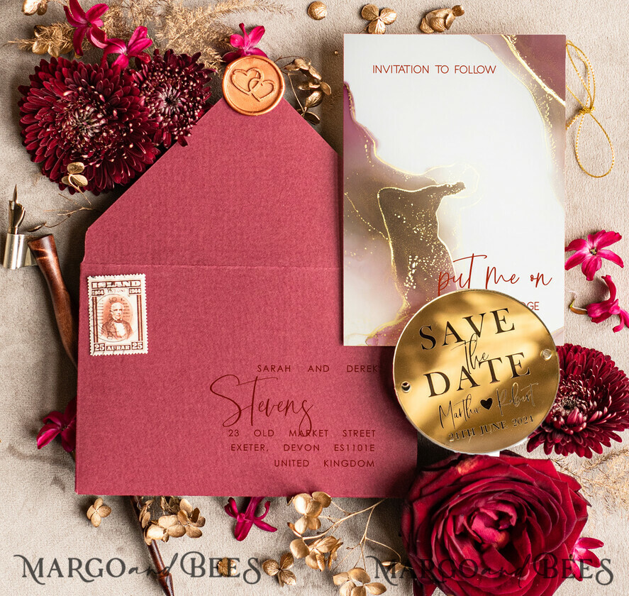 SAVE THE DATES acrylic gold magnets Personalised Maroon Save the Date circle Magnet and Card, Marble Wedding Save The Dates Acrylic golden mirror magnet