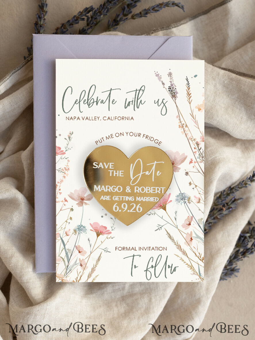 DATEN MERKEN Acrylgoldmagnete Personalisierter Gold-Acryl-Save-the-Date-Magnet und Boho-Karte, Goldene Hochzeits-Save-the-Dates-Plexi-Magnete, Hochzeits-Boho-Save-the-Date-Karten