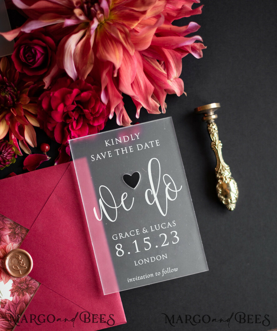 SAVE THE DATES acrylic gold magnets Luxory wedding save the date, Save the date personalized, plexi satin, maroon envelope
