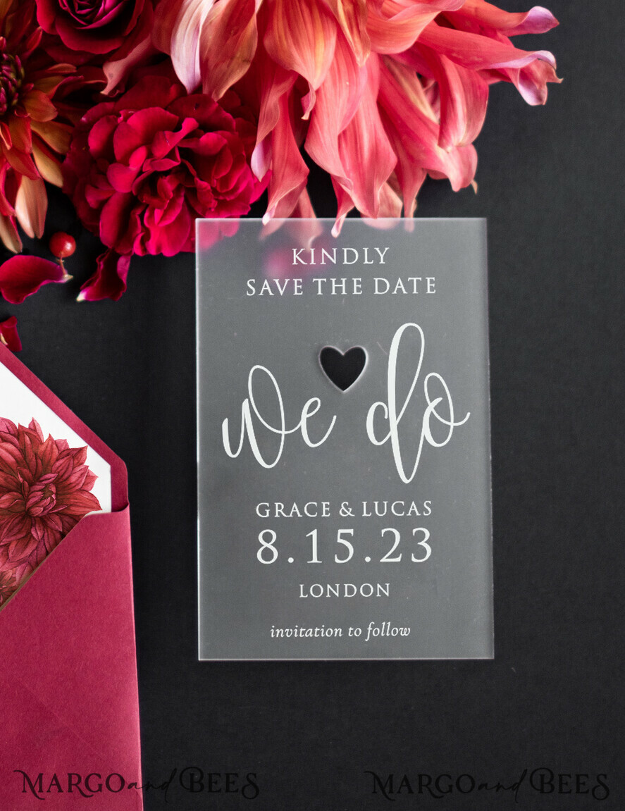 SAVE THE DATES acrylic gold magnets Luxory wedding save the date, Save the date personalized, plexi satin, maroon envelope