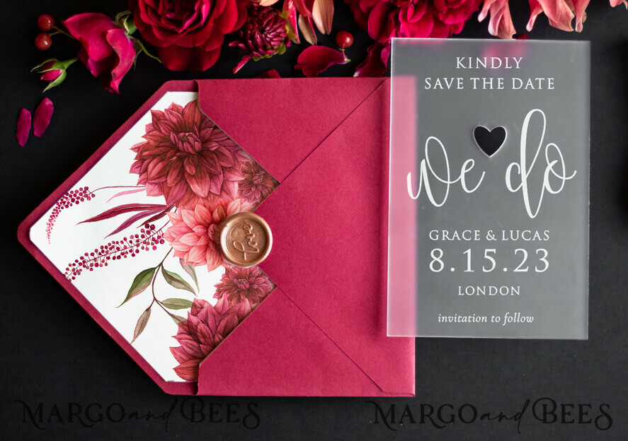 SAVE THE DATES acrylic gold magnets Luxory wedding save the date, Save the date personalized, plexi satin, maroon envelope
