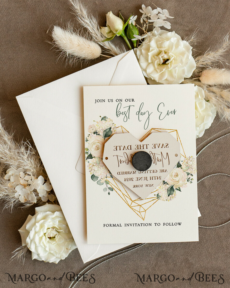 SAVE THE DATES acrylic gold magnets Personalised Save the Date Heart Magnet and Card, Elegant Wedding Save The Dates Acrylic golden Magnets