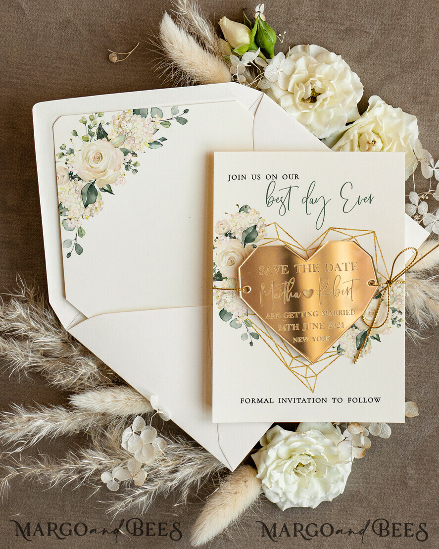 SAVE THE DATES acrylic gold magnets Personalised Save the Date Heart Magnet and Card, Elegant Wedding Save The Dates Acrylic golden Magnets