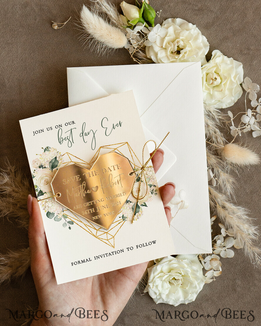 SAVE THE DATES acrylic gold magnets Personalised Save the Date Heart Magnet and Card, Elegant Wedding Save The Dates Acrylic golden Magnets