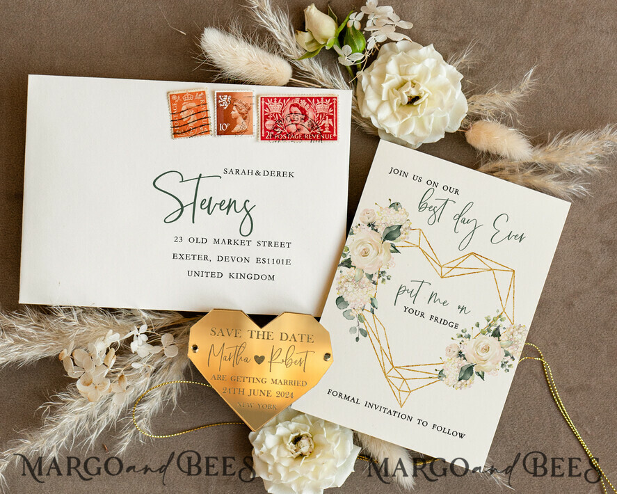 SAVE THE DATES acrylic gold magnets Personalised Save the Date Heart Magnet and Card, Elegant Wedding Save The Dates Acrylic golden Magnets