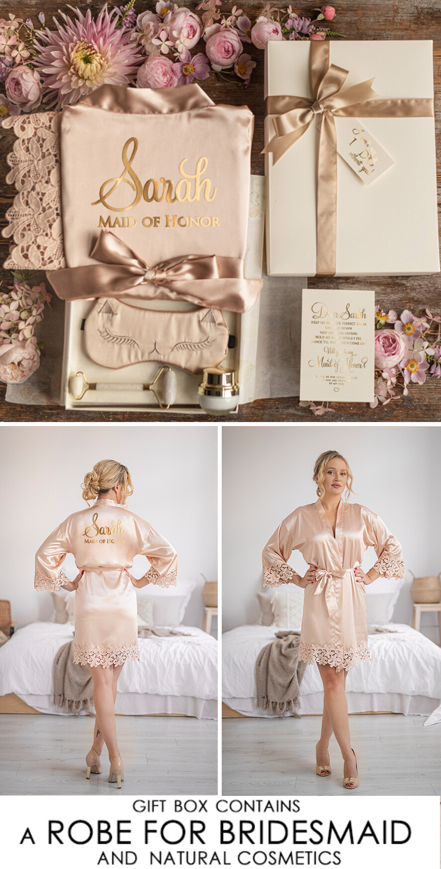 BRIDESMAID/BEST MAN BOX WILL YOU BE MY BRIDESMAID Bridesmaid Luxury Satin Robe, Maid og Honor Gift Box, Spa Day cosmetic wedding set