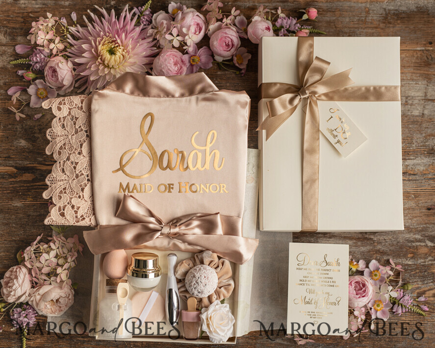 BRIDESMAID/BEST MAN BOX WILL YOU BE MY BRIDESMAID Bridesmaid Luxury Satin Robe, Maid og Honor Gift Box, Spa Day cosmetic wedding set