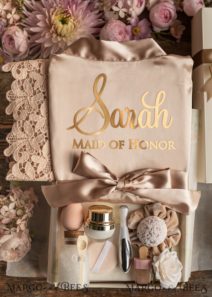 BRIDESMAID/BEST MAN BOX WILL YOU BE MY BRIDESMAID Bridesmaid Luxury Satin Robe, Maid og Honor Gift Box, Spa Day cosmetic wedding set