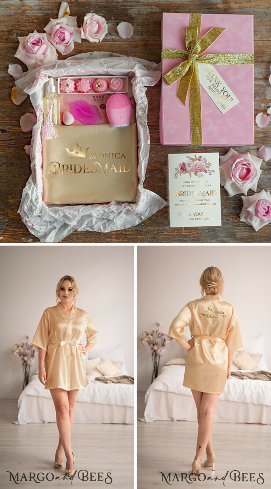 BRIDESMAID/BEST MAN BOX BRIDESMAID THANK YOU Thank You Box Bridesmaid Gold Blush thanks box gratitude gift box robe beauty set maid of honor