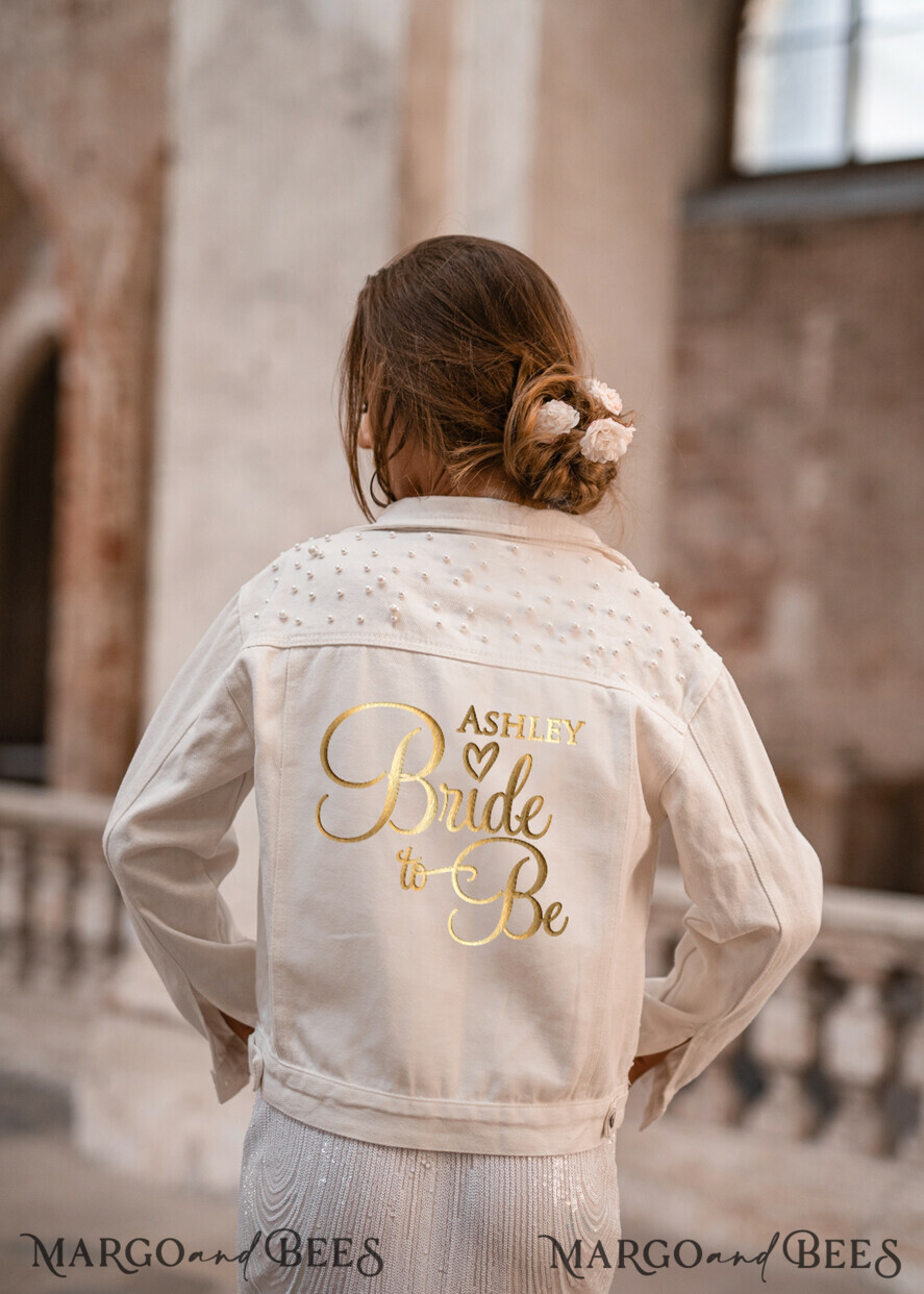 WEDDING JACKET/ BOLERO DENIM BRIDAL JACKET white jeans wedding jacket denim bride, Text on the back, Name of the Bride
