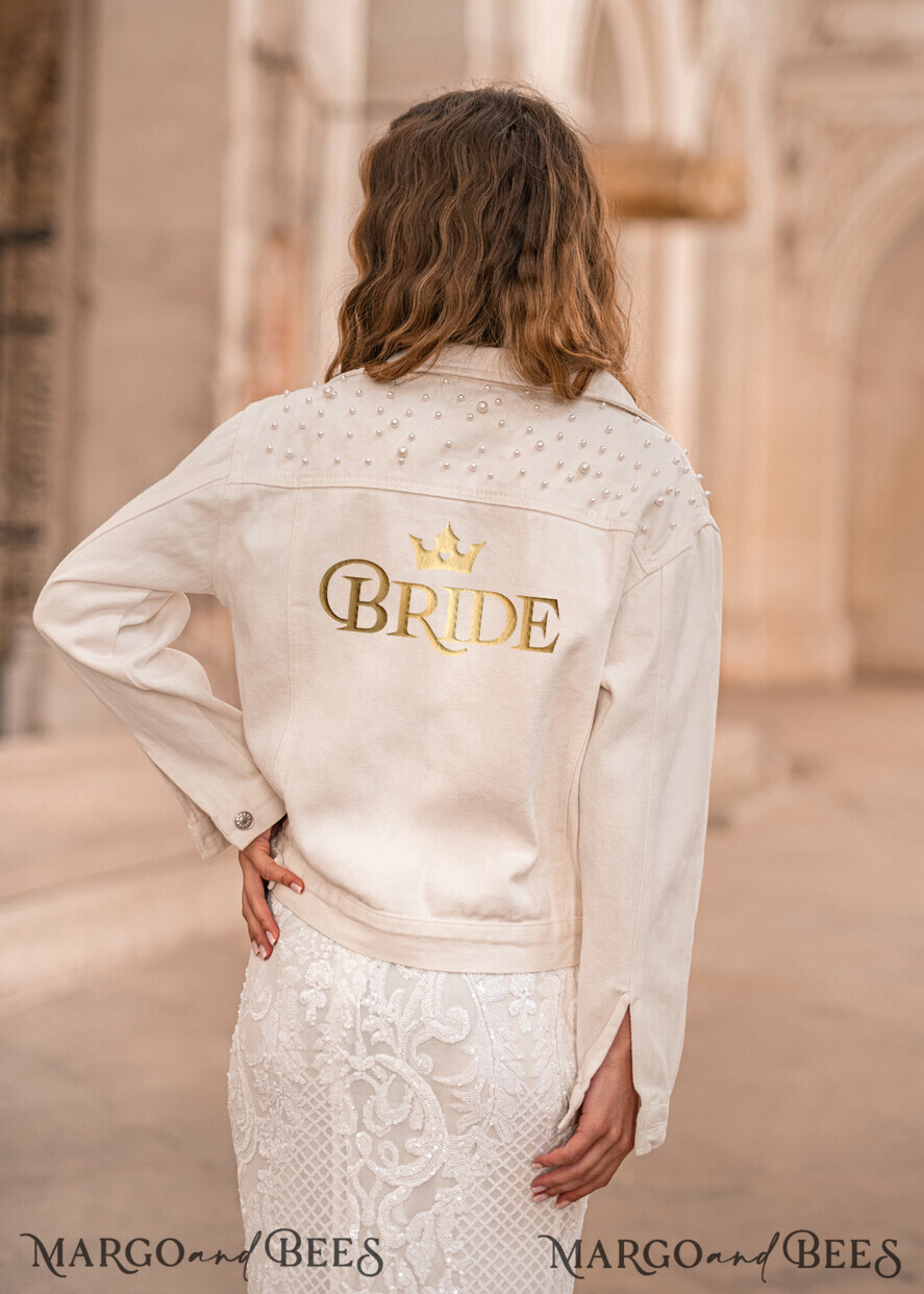 WEDDING JACKET/ BOLERO DENIM BRIDAL JACKET white jacket with beads, Text on the back, Name of the Bride