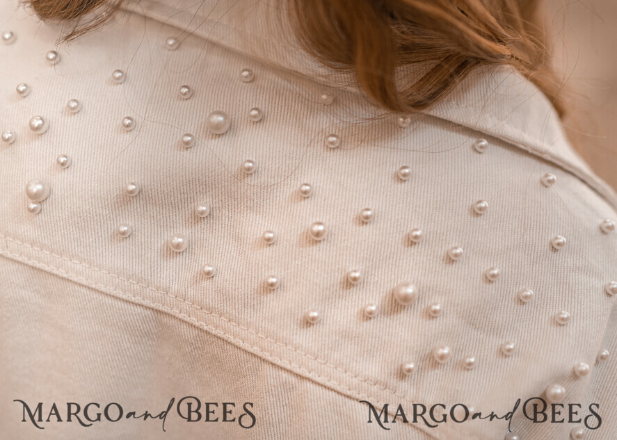 WEDDING JACKET/ BOLERO DENIM BRIDAL JACKET white jacket with beads, Text on the back, Name of the Bride