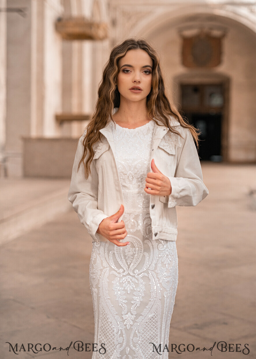 WEDDING JACKET/ BOLERO DENIM BRIDAL JACKET white jacket with beads, Text on the back, Name of the Bride