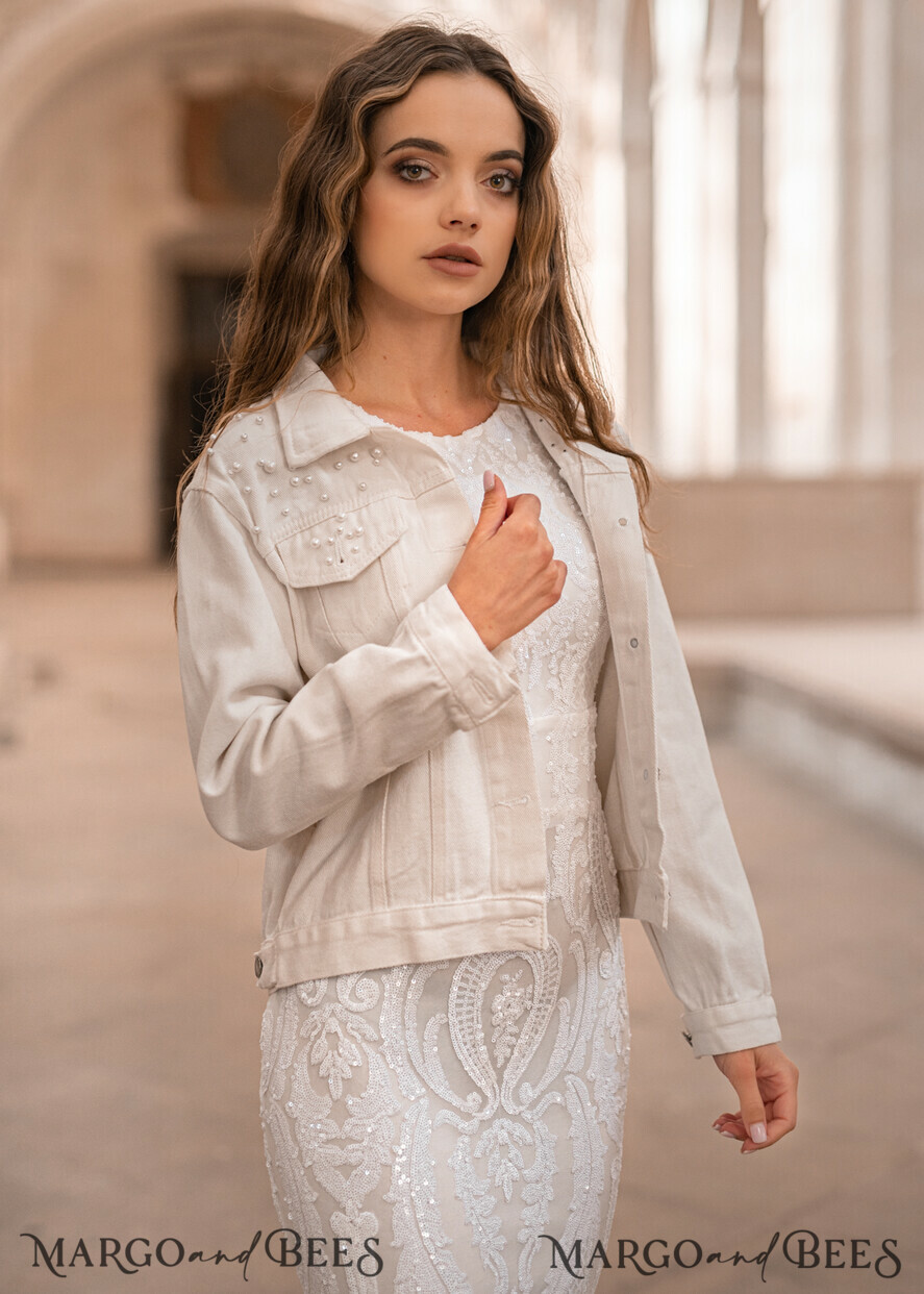 WEDDING JACKET/ BOLERO DENIM BRIDAL JACKET white jacket with beads, Text on the back, Name of the Bride