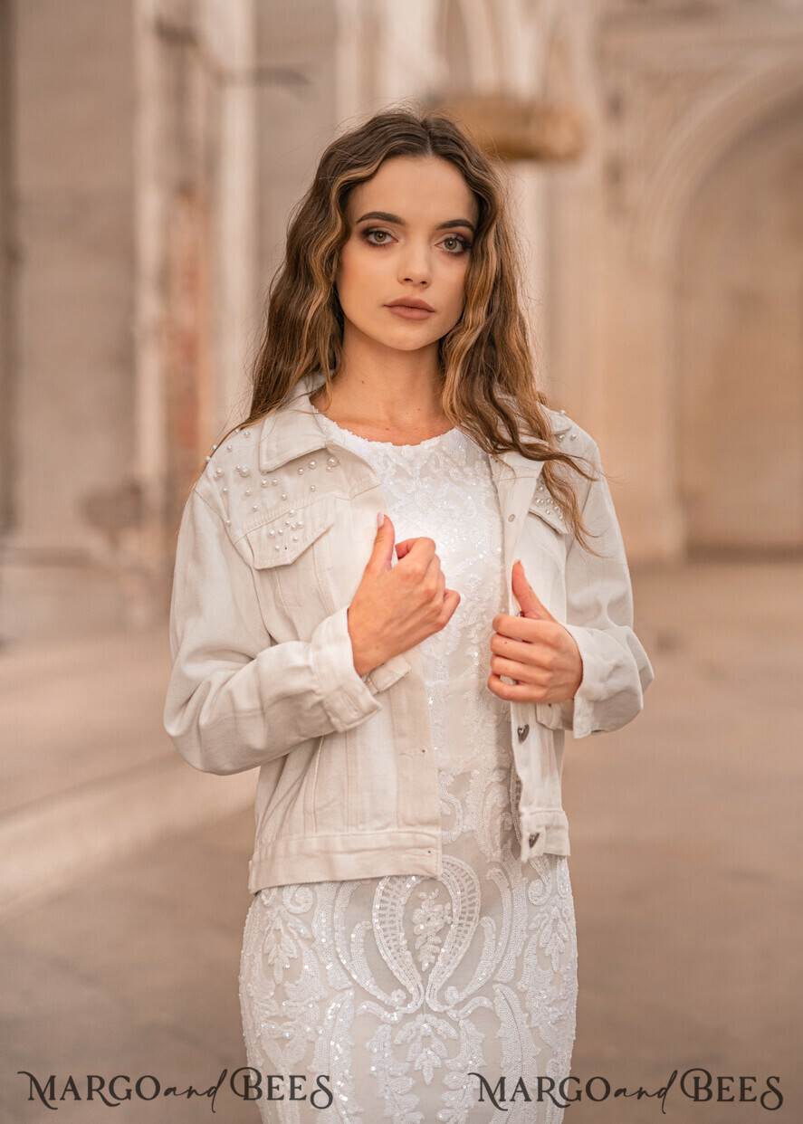 WEDDING JACKET/ BOLERO DENIM BRIDAL JACKET white jacket with beads, Text on the back, Name of the Bride