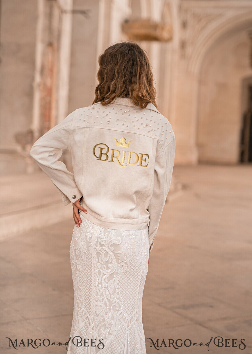 WEDDING JACKET/ BOLERO DENIM BRIDAL JACKET white jacket with beads, Text on the back, Name of the Bride