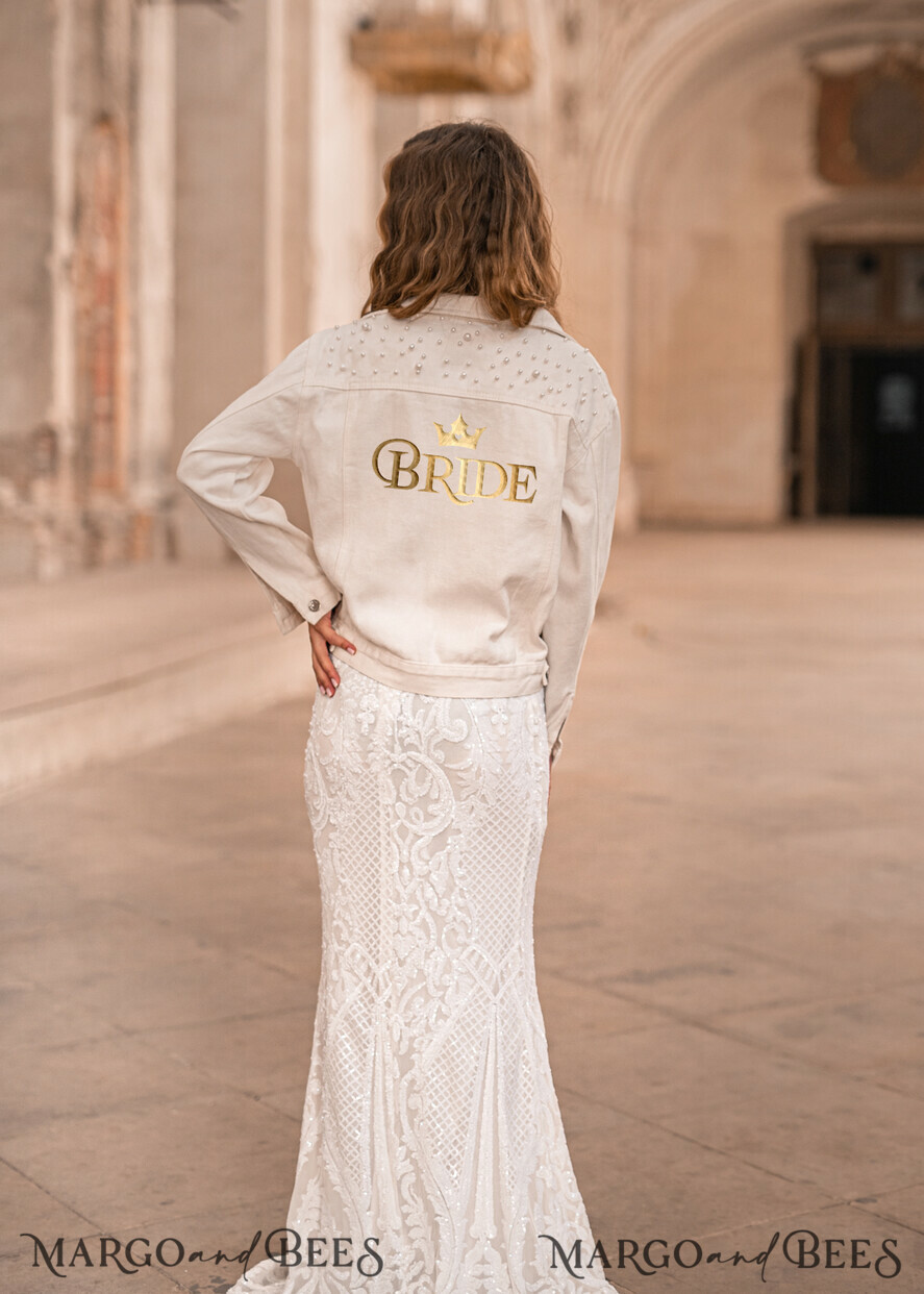 WEDDING JACKET/ BOLERO DENIM BRIDAL JACKET white jacket with beads, Text on the back, Name of the Bride