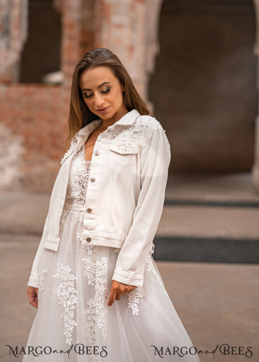 WEDDING JACKET/ BOLERO DENIM BRIDAL JACKET jeans white jacket with beads, vintage jacket for photoshoot