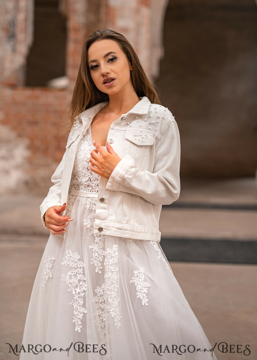 WEDDING JACKET/ BOLERO DENIM BRIDAL JACKET jeans white jacket with beads, vintage jacket for photoshoot
