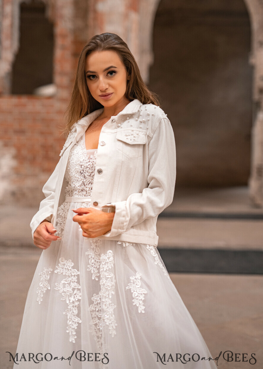 WEDDING JACKET/ BOLERO DENIM BRIDAL JACKET jeans white jacket with beads, vintage jacket for photoshoot