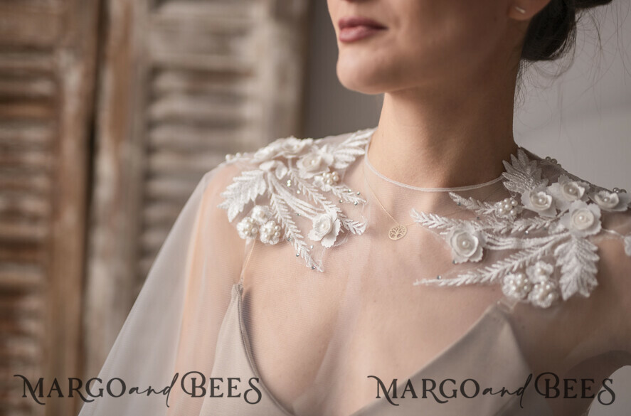 BRIDE bolero, robes, garter WEDDING BOLERO & SHRUGS Wedding Cape Pearls, Wedding Mesh Shrug, Bridal Beaded Tulle wedding Coverup, Wedding Dress Topper with pearls, Bridal Capelet mesh