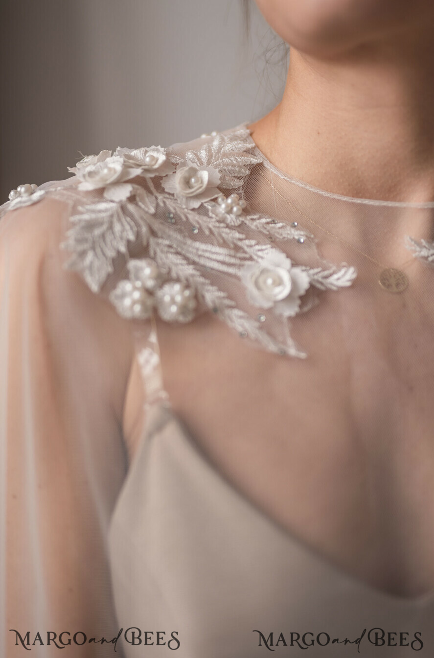 BRIDE bolero, robes, garter WEDDING BOLERO & SHRUGS Wedding Cape Pearls, Wedding Mesh Shrug, Bridal Beaded Tulle wedding Coverup, Wedding Dress Topper with pearls, Bridal Capelet mesh