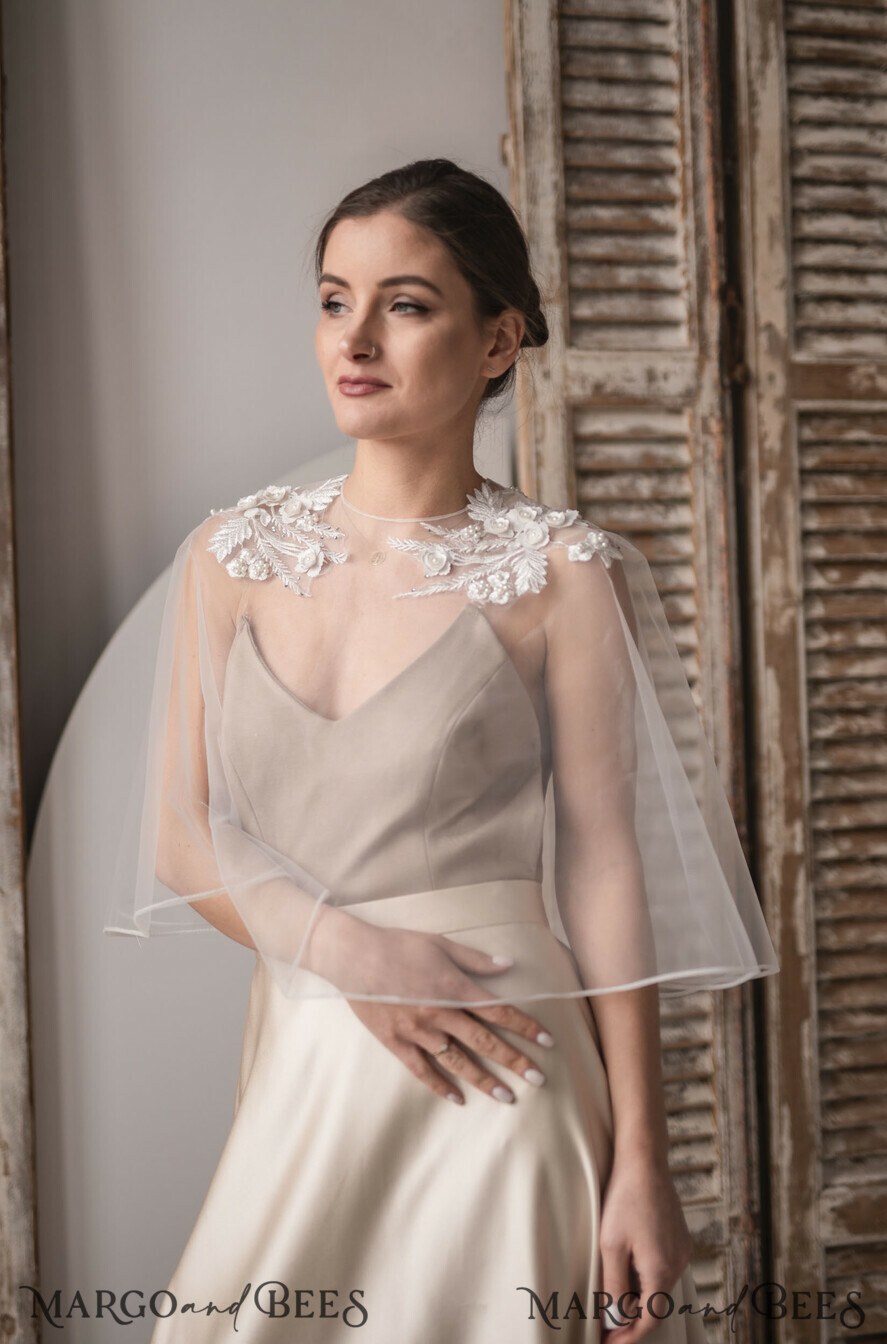 BRIDE bolero, robes, garter WEDDING BOLERO & SHRUGS Wedding Cape Pearls, Wedding Mesh Shrug, Bridal Beaded Tulle wedding Coverup, Wedding Dress Topper with pearls, Bridal Capelet mesh