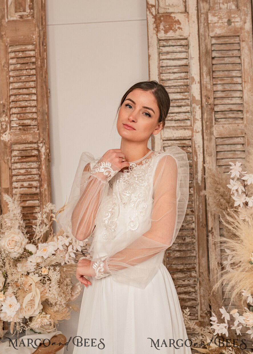 BRIDE bolero, robes, garter WEDDING BOLERO & SHRUGS Lace Wedding Bolero Long Sleeve , Bare Back Lace, Wedding Puff Sleeve Mesh Shrug, Bridal Bishop sleeved wedding Lace Coverup, Lace Blouse for Bride, Bridal Capelet mesh
