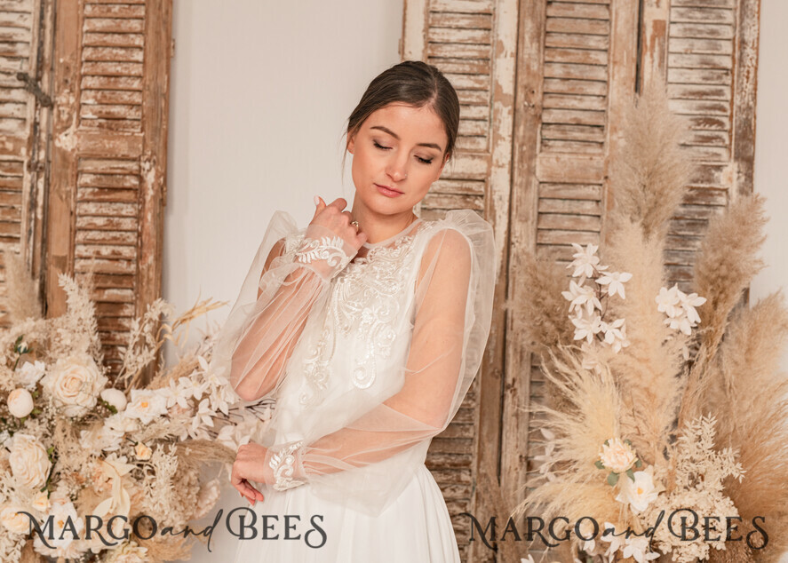 BRIDE bolero, robes, garter WEDDING BOLERO & SHRUGS Lace Wedding Bolero Long Sleeve , Bare Back Lace, Wedding Puff Sleeve Mesh Shrug, Bridal Bishop sleeved wedding Lace Coverup, Lace Blouse for Bride, Bridal Capelet mesh