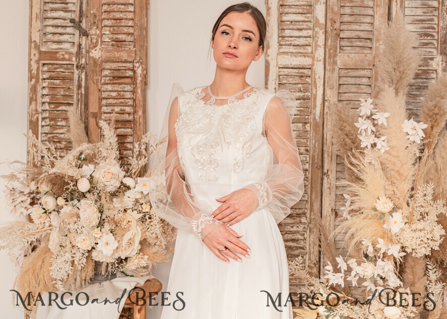 BRIDE bolero, robes, garter WEDDING BOLERO & SHRUGS Lace Wedding Bolero Long Sleeve , Bare Back Lace, Wedding Puff Sleeve Mesh Shrug, Bridal Bishop sleeved wedding Lace Coverup, Lace Blouse for Bride, Bridal Capelet mesh