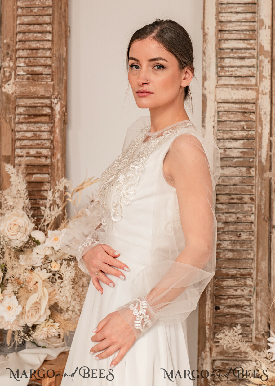 BRIDE bolero, robes, garter WEDDING BOLERO & SHRUGS Lace Wedding Bolero Long Sleeve , Bare Back Lace, Wedding Puff Sleeve Mesh Shrug, Bridal Bishop sleeved wedding Lace Coverup, Lace Blouse for Bride, Bridal Capelet mesh
