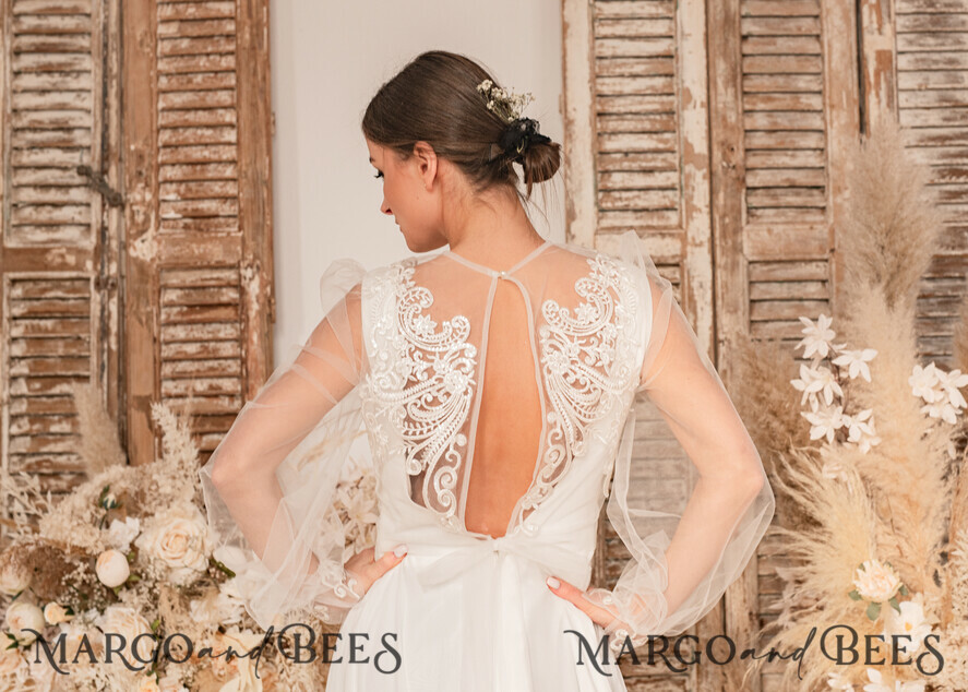 BRIDE bolero, robes, garter WEDDING BOLERO & SHRUGS Lace Wedding Bolero Long Sleeve , Bare Back Lace, Wedding Puff Sleeve Mesh Shrug, Bridal Bishop sleeved wedding Lace Coverup, Lace Blouse for Bride, Bridal Capelet mesh