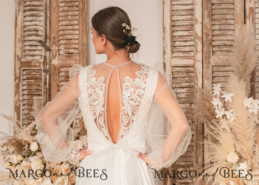 BRIDE bolero, robes, garter WEDDING BOLERO & SHRUGS Lace Wedding Bolero Long Sleeve , Bare Back Lace, Wedding Puff Sleeve Mesh Shrug, Bridal Bishop sleeved wedding Lace Coverup, Lace Blouse for Bride, Bridal Capelet mesh