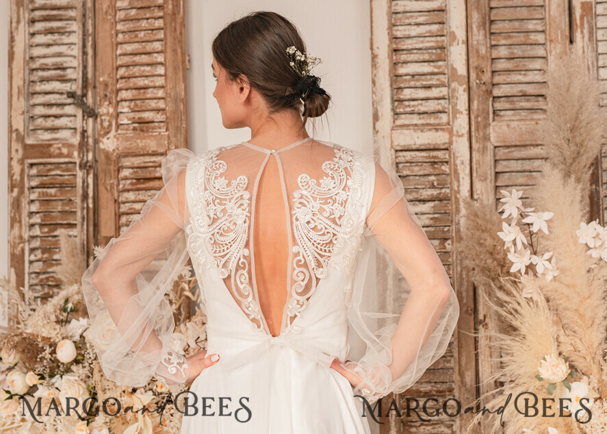 BRIDE bolero, robes, garter WEDDING BOLERO & SHRUGS Lace Wedding Bolero Long Sleeve , Bare Back Lace, Wedding Puff Sleeve Mesh Shrug, Bridal Bishop sleeved wedding Lace Coverup, Lace Blouse for Bride, Bridal Capelet mesh