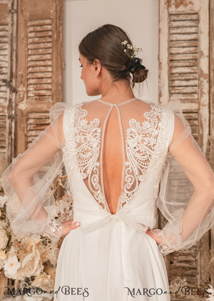BRIDE bolero, robes, garter WEDDING BOLERO & SHRUGS Lace Wedding Bolero Long Sleeve , Bare Back Lace, Wedding Puff Sleeve Mesh Shrug, Bridal Bishop sleeved wedding Lace Coverup, Lace Blouse for Bride, Bridal Capelet mesh